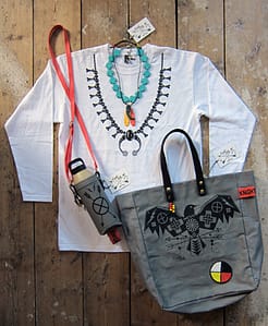 Squash blossom' print tee with Elemental Crow' tote and Muroc' water canteen. Hand printed and made in London.