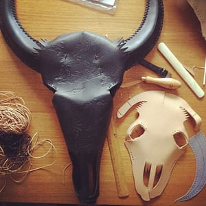 Knight Mills bridle leather bull skull wall hangings.
